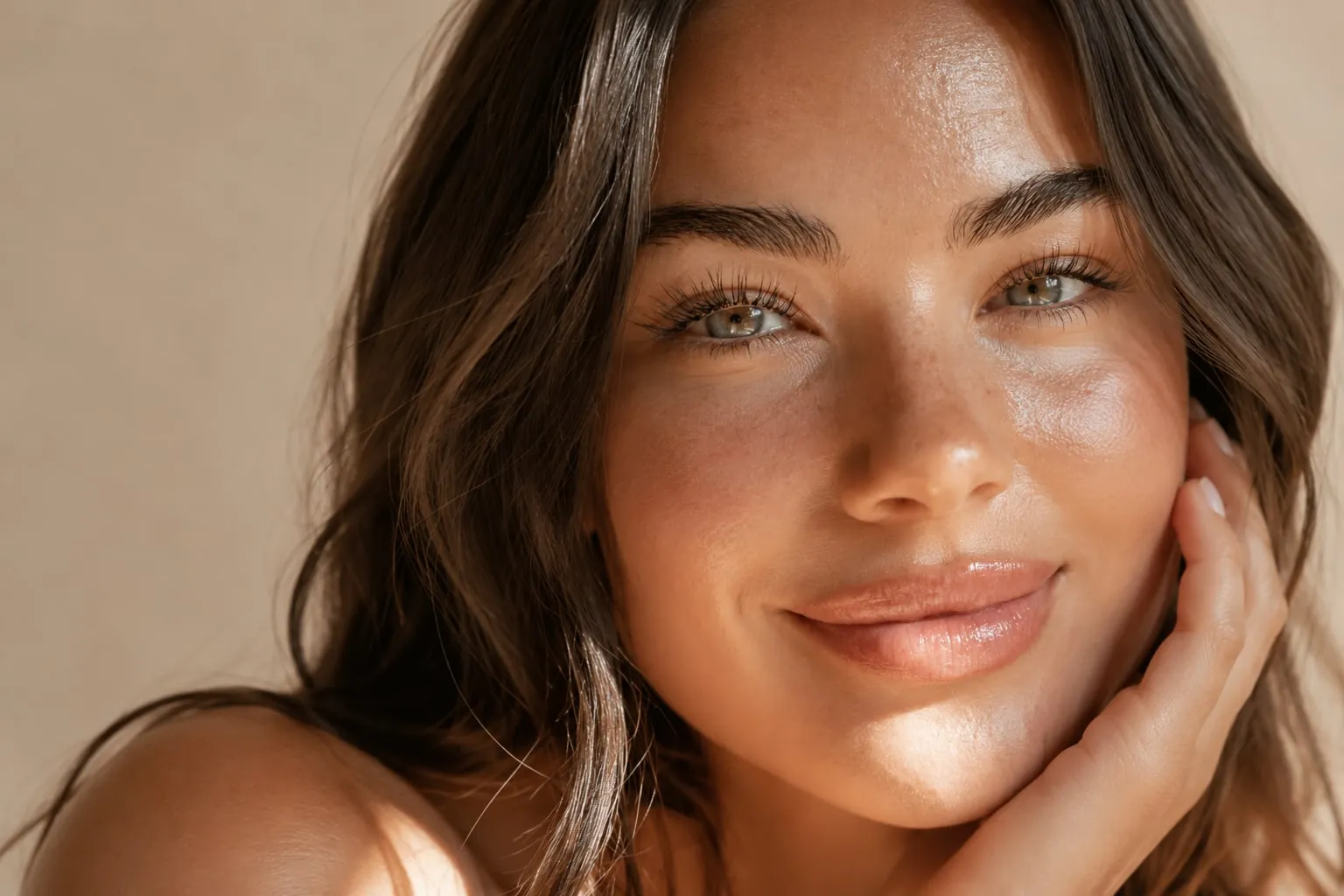Nahaufnahme eines lächelnden Gesichts mit gepflegten Wimpern und Augenbrauen