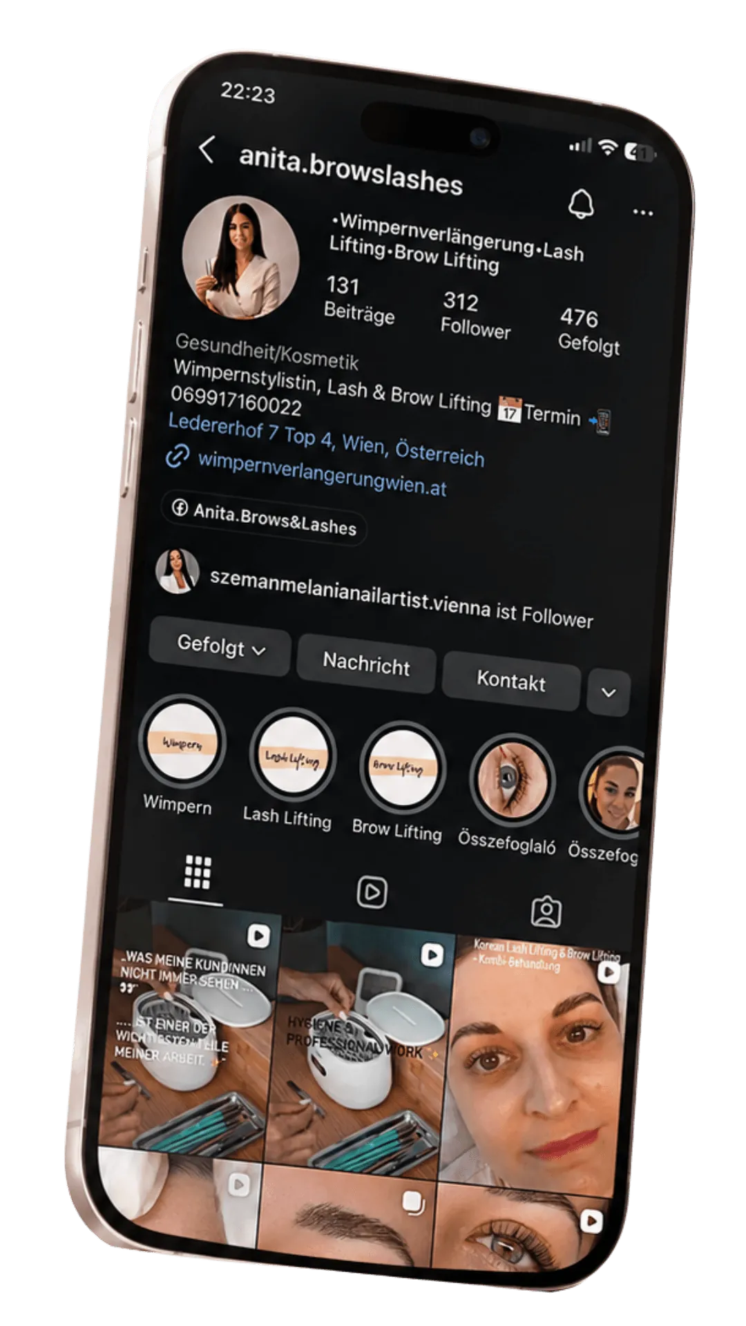 Instagram-Profil von Anita Brows & Lashes auf dem Smartphone